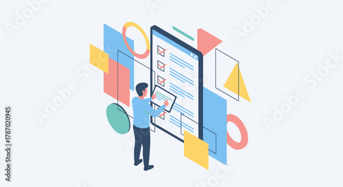 Isometric illustration of a man interacting with a large smartphone displaying a checklist, surrounded by geometric shapes.