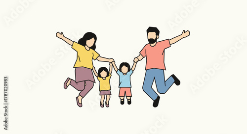 Joyful family of four jumping together, arms raised, celebrating happiness and togetherness.