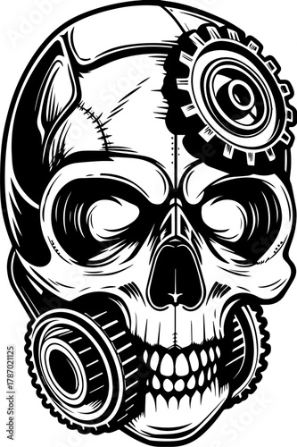 SVG gothic steampunk symbolic art design. Black and White Illustration of a Skull with Mechanical Elements