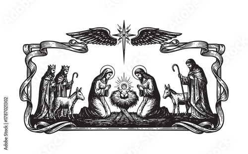 Vintage Engraving of Christmas Nativity Scene
