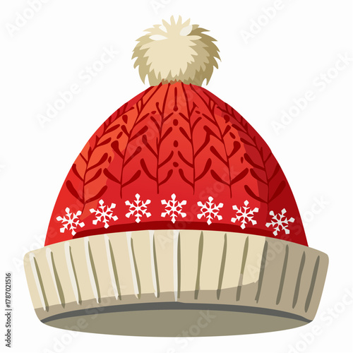 A cozy red knitted winter beanie hat with a fluffy pompom and a festive snowflake pattern. Isolated vector illustration of warm seasonal headwear for cold weather