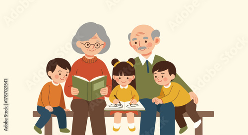 Grandparents reading a book to their grandchildren while one draws, depicting a heartwarming family moment.