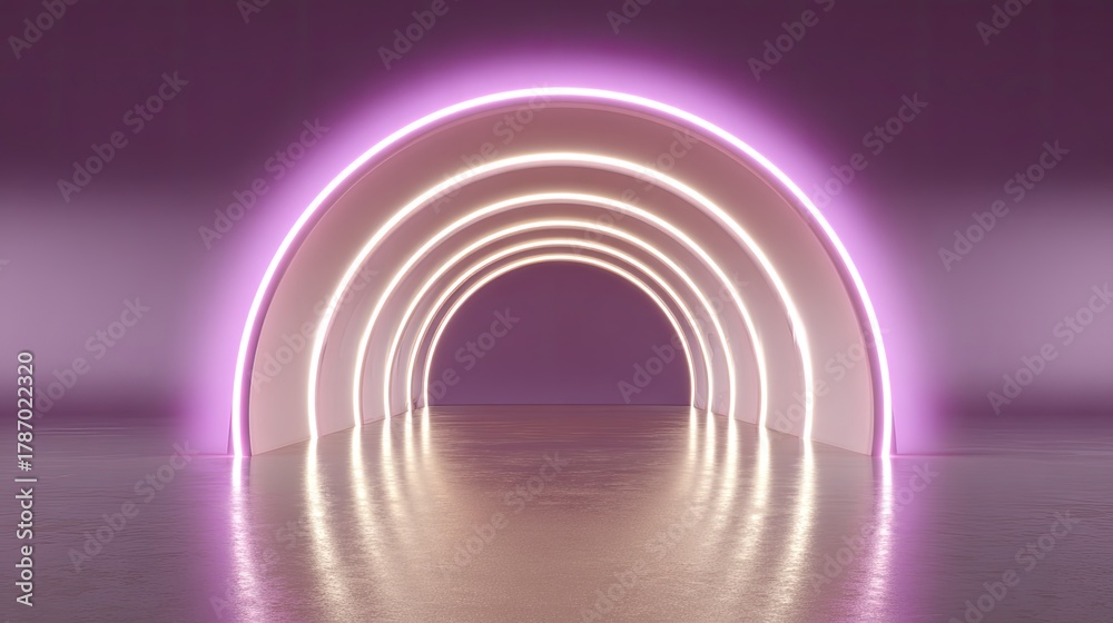Fototapeta premium Bright neon arches glowing in a modern hallway, creating a vibrant and inviting atmosphere with soft reflections on a polished floor surface