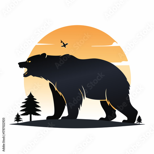 熊のシルエットのベクターイラスト 警告標識 熊出没 注意喚起