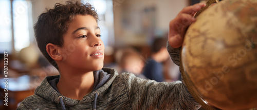 Young boy in classroom setting is examining globe with curiosity and interest, suggesting focus on geography or world studies. warm lighting creates inviting and educational atmosphere