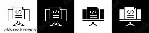 Programming icon set in line and glyph style on black and white background
