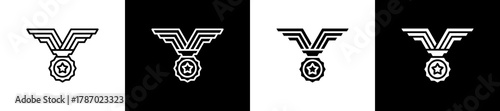 Achievement icon set in line and glyph style on black and white background