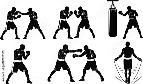 Boxing silhouette vector set, training and sparring poses, fitness combat illustration, cad drawing flat vector artwork for gym design