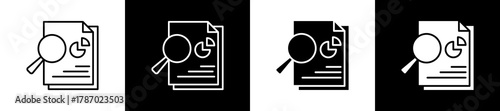 Analysis icon set in line and glyph style on black and white background
