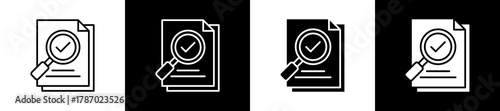 Approval icon set in line and glyph style on black and white background