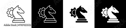 Strategy icon set in line and glyph style on black and white background
