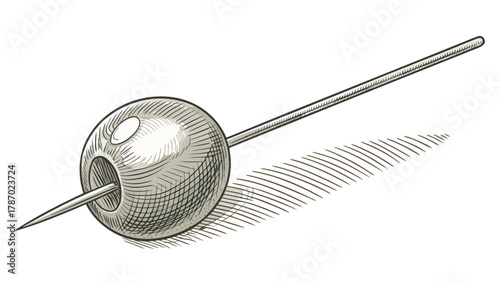  line drawing of an olive on a toothpick showing round shape and straight pick, minimal abstract cocktail garnish art