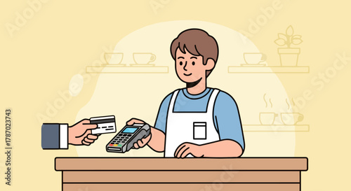 Young Barista Using Payment Terminal at Coffee Shop Counter