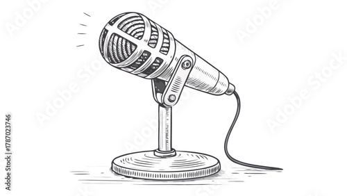  line drawing of a desktop microphone on a stand, showing circular head and stem, minimal abstract podcast and broadcast art