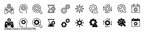 Cogwheel icon set. Gear wheel and manufacturing symbol. Setting, progress and repair logotypes. Vector illustration.