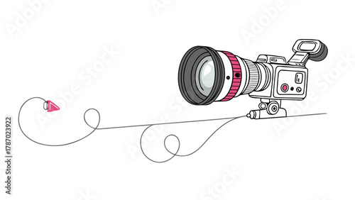 Single continuous line drawing of a video camera, minimal abstract recording and media device art