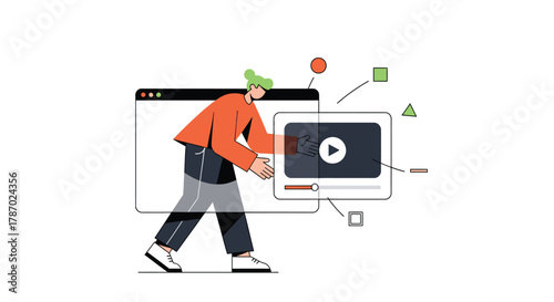 Person interacting with a video player interface on a computer screen, conceptual illustration