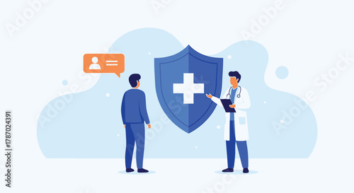 Doctor and patient discussing health insurance with a protective shield symbol, conceptual illustration