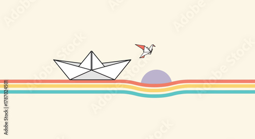 A white origami paper boat sails on colorful wavy lines with a paper crane flying nearby