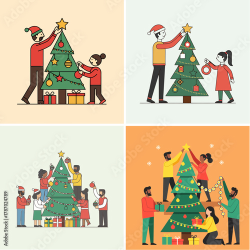 Illustrated families and individuals decorating Christmas trees with ornaments and gifts in festive holiday scenes