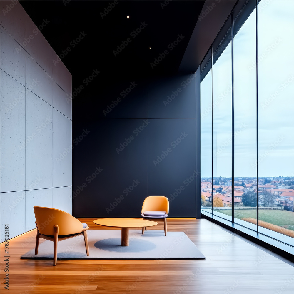 Fototapeta premium Modern office space with large windows, minimalist design, wooden floor, and city view