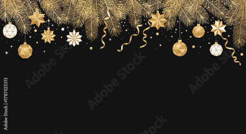 Golden Christmas Baubles and Pine Branches on Black Background