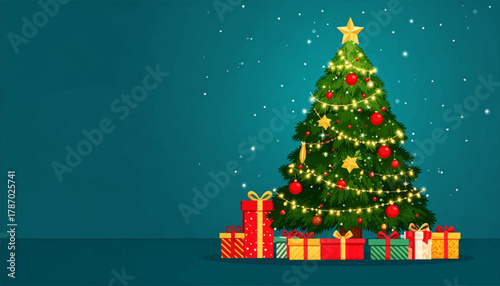 Bright Christmas tree adorned with ornaments and festive gifts. Magical Christmas tree with ornaments and colorful presents below. Festive and vibrant Christmas tree with glowing lights and gifts