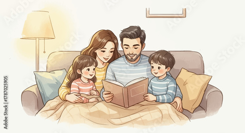 Family reading a book on the sofa