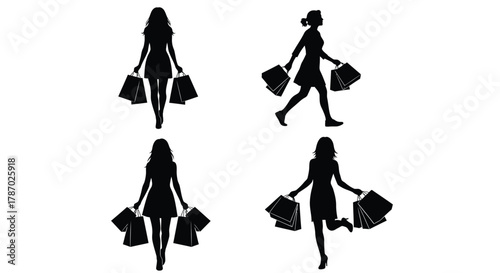Stylish women with shopping bags silhouettes for retail promotions