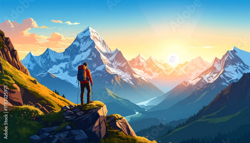 Hiker watching the sunset from a stunning mountain viewpoint. A lone hiker at sunset gazing at a majestic mountain landscape. Sunset over mountains with a hiker at the summit