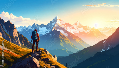 A hiker enjoys a breathtaking sunset view over the mountain range. Sunset glow over snow-capped mountains with a hiker in view. Hiker in awe of a stunning sunset over the majestic mountain peaks