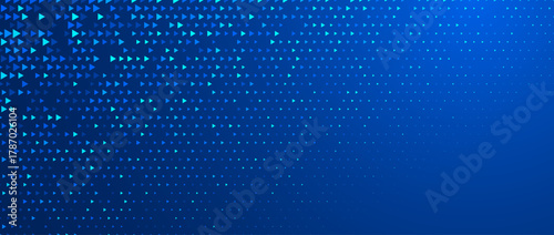 Blue neon triangle texture. Glowing arrow geometric background. Tech triangular mosaic pattern wallpaper. Fading arrow halftone gradient for science poster, healthcare banner, business booklet. Vector