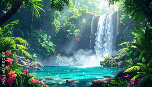 Tropical waterfall with vibrant flowers and lush jungle backdrop. Explore a colorful tropical waterfall surrounded by blooming flowers. Stunning waterfall and vibrant flowers in a lush rainforest
