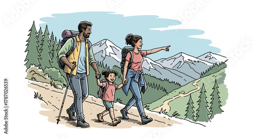 Happy family of three on a mountain trekking adventure illustration