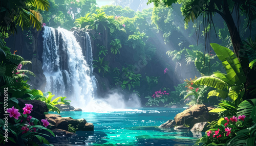 Sunbeams highlighting a stunning waterfall in a tropical jungle. Tropical rainforest waterfall glowing with sunlight beams. Magical waterfall in lush jungle with sunlight filtering through.