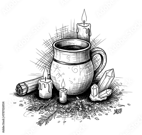 Witchy Ritual Mug with Candles and Crystals in Hand-Drawn Engraving Style. Vector Illustration for Mindfulness and Wellness.
