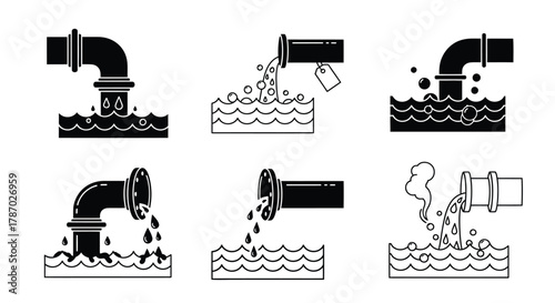 Icon set showing water pollution with pipe and contaminated water