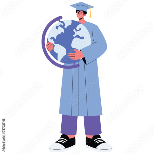 Education Learning Illustration. Vector illustration of Graduate in gown holding globe, symbol of global education, international study and worldwide knowledge. Isolated on background
