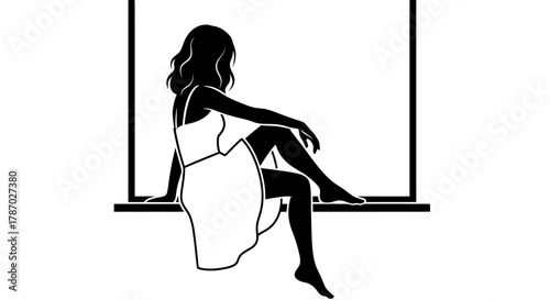 Elegant woman relaxing on windowsill in dress minimalist design