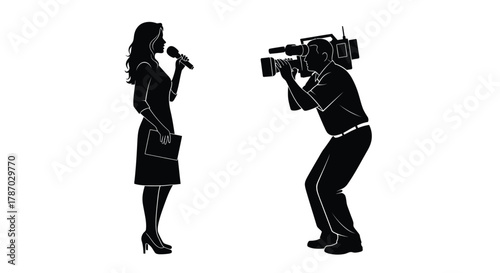 Dynamic reporter sharing news during a press conference with cameraman