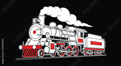 Vintage steam train locomotive blowing smoke on black background