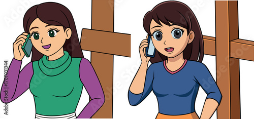girl talking on phone illustration, smartphone user cartoon, communication concept artwork, female using mobile vector, modern technology design, phone call artwork, lifestyle communication art, socia