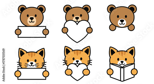 Adorable cartoon bears and cats holding signs and hearts for your design