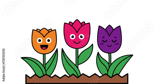 Adorable cartoon tulips bring joy to any spring holiday project