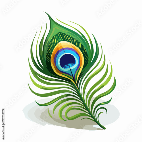 Stylized illustration of a single peacock feather with vibrant green, blue, and gold colors. An elegant and beautiful symbol of nature's artistry isolated on white