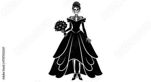 Striking skeleton bride in gown holding flowers for Halloween event