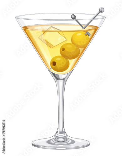Elegant vesper martini with a lemon twist in a cocktail glass, a classic strong drink, isolated on a white background