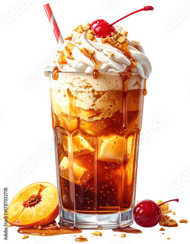 Creamy and bubbly root beer float in a glass mug, an iconic american dessert drink, isolated on a white background