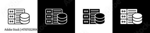 Database icon set in line and glyph style on black and white background