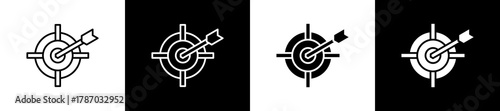 Objective icon set in line and glyph style on black and white background